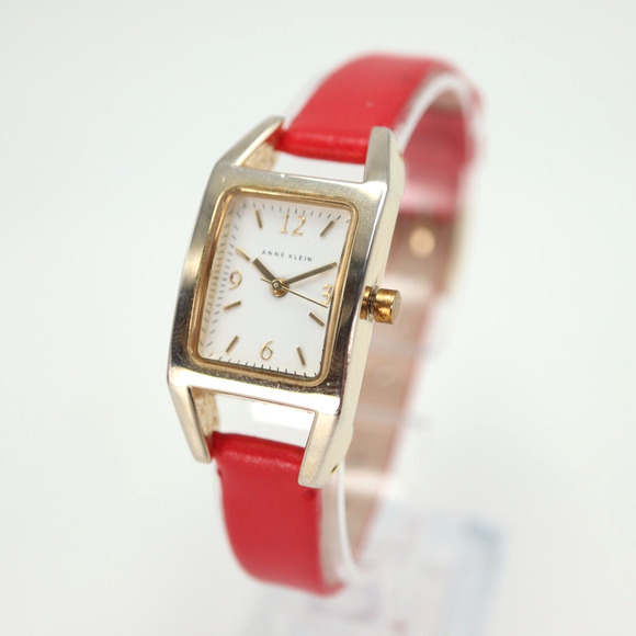 Anne Klein Watch White Rectangle Dial Red Leather Strap w New Battery AK/1778 - Picture 1 of 14